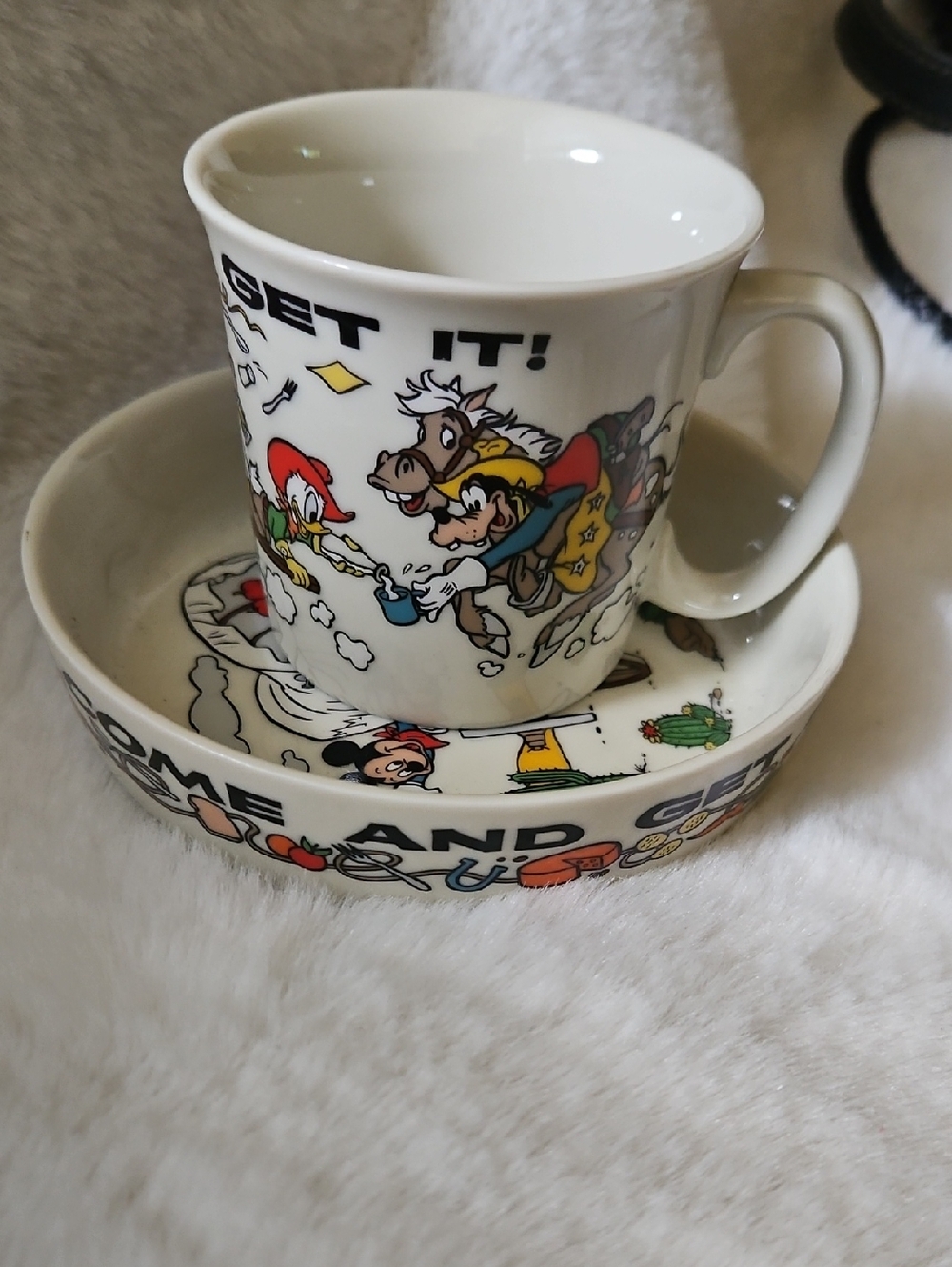 Gorham White Ceramic Cartoon Western Cup and Saucer Set with Multicolor Graphics